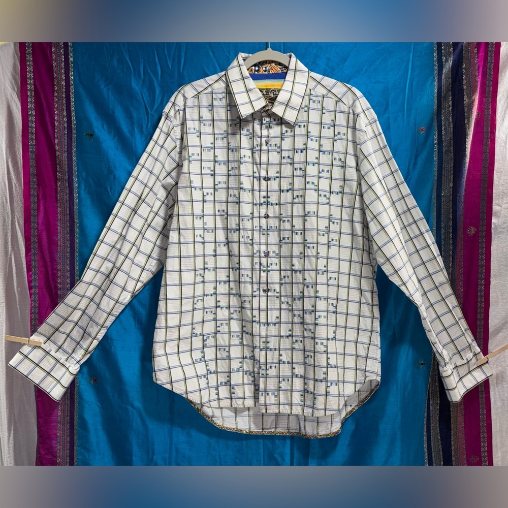 Robert Graham Long Sleeve Geometric Checked Marine Stamp Flip Cuff XL
